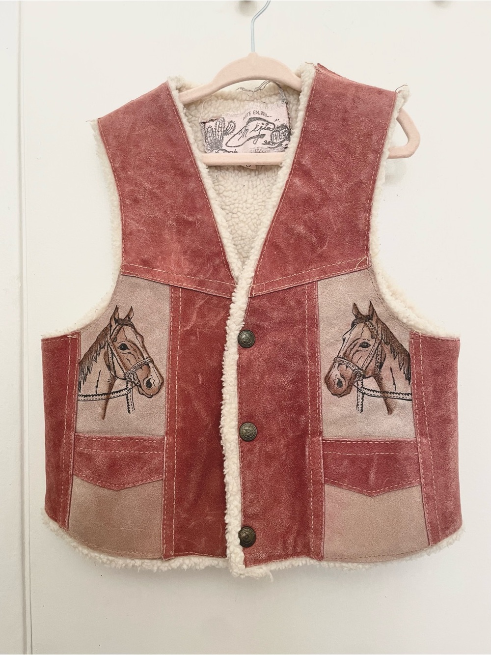 VINTAGE MEJIA Kids Suede Sherpa Hand Painted Horse Vest 10